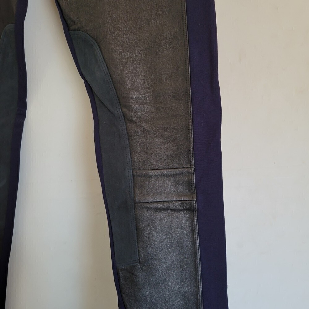 Sandro Velvet Blue Black Cuir Vachette Leather Panel Long Legging Pants Size 0 - Picture 6 of 13
